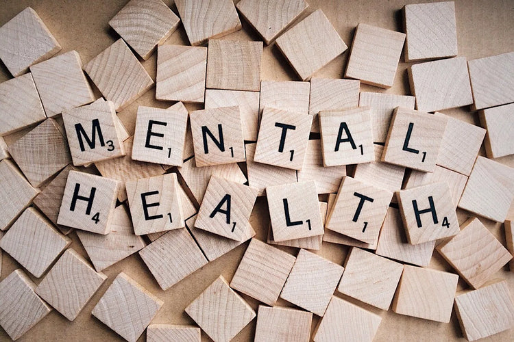 Wooden tiles spelling out 'MENTAL HEALTH' on a beige background, highlighting the focus on Mental Health awareness.