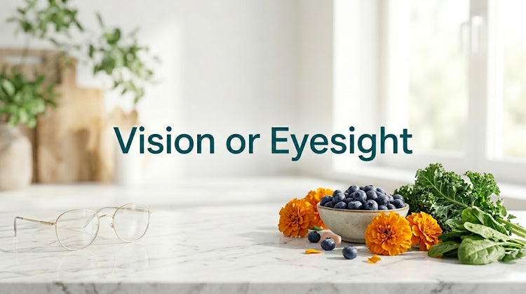 Vision or Eyesight with fresh fruits and vegetables promoting Nutritional Support for Vision