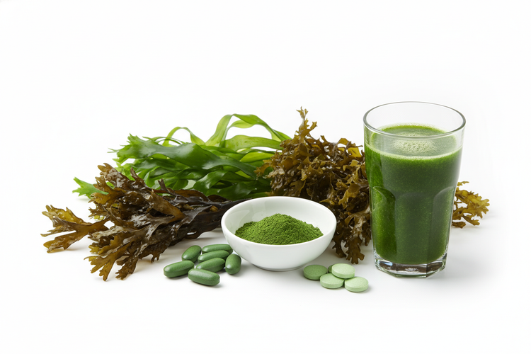 algae and seaweed plants, capsules, tablets, powder and drink