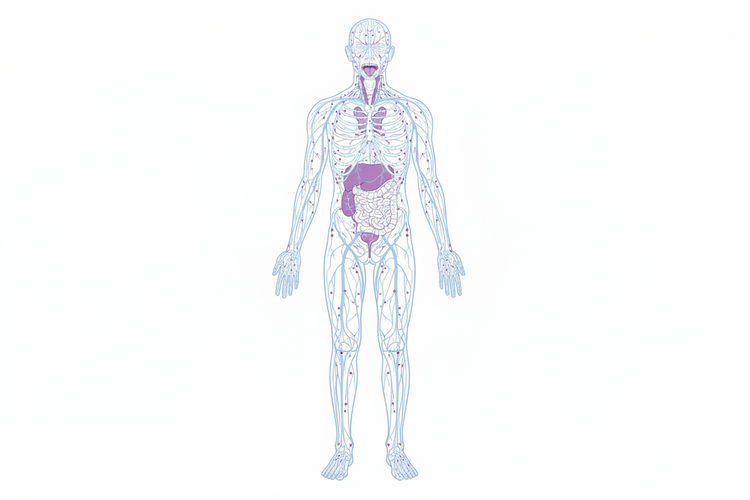 Illustration of the human body highlighting the lymphatic system, supporting Fluid Drainage Support.