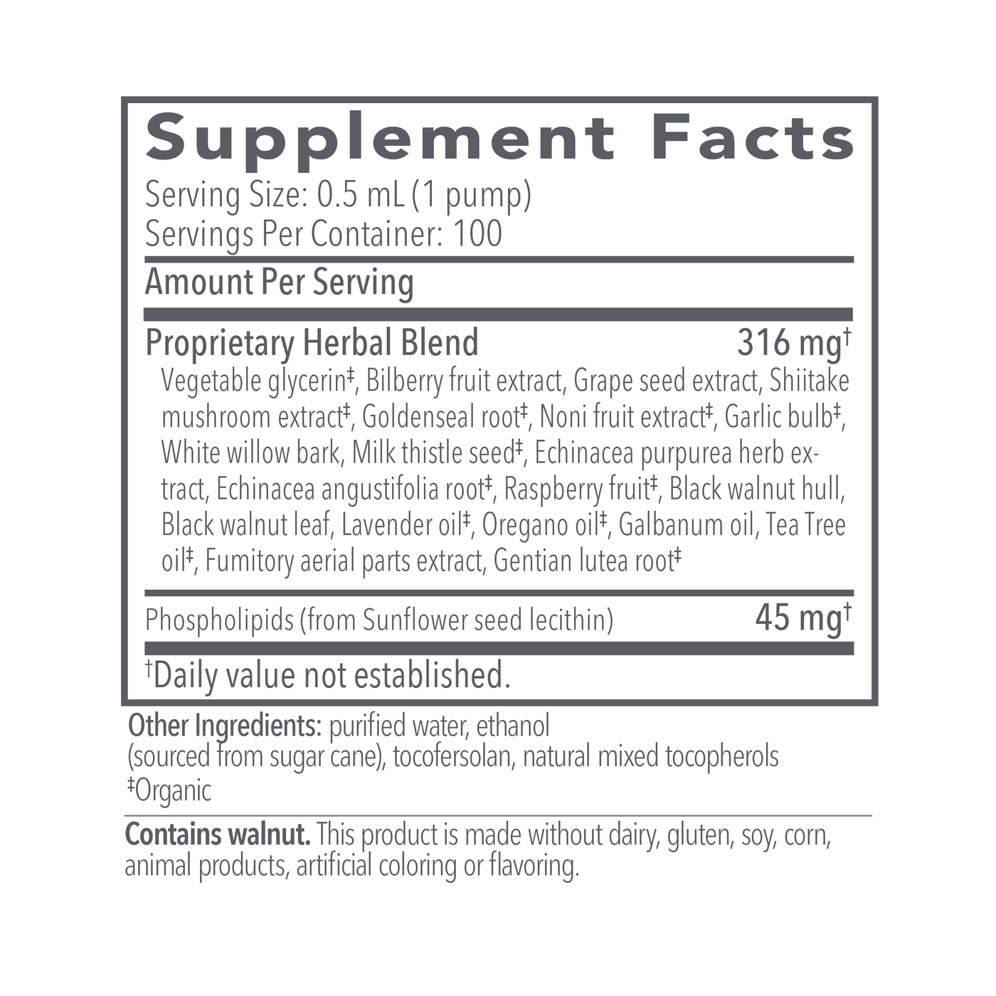 Biocidin LSF Supplement Facts showing microbial balance for gut health ingredients and herbal blend details.