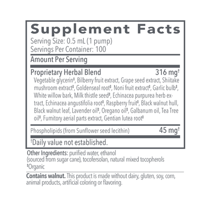 Biocidin LSF Supplement Facts showing microbial balance for gut health ingredients and herbal blend details.