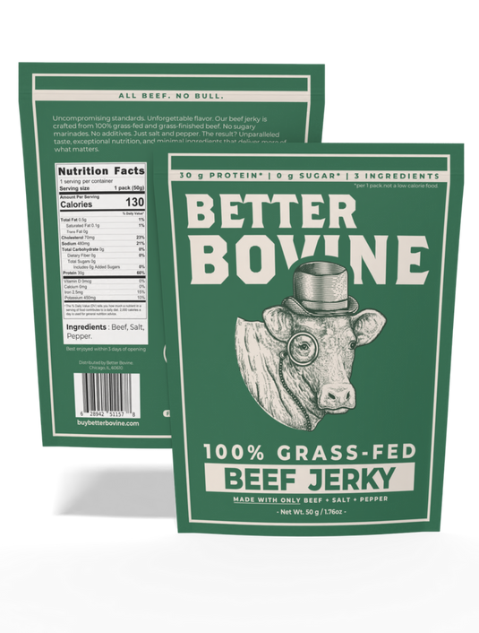 Pack of 30 - Bundle Grass-fed Beef Jerky with real beef, salt, and pepper, featuring high protein and no artificial ingredients.