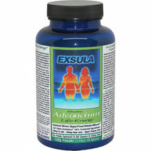 blue bottle of Exsula Advancium, Genuine Life-Energy with logo showing silhouette of orange couple holding hands in blue water, Instant Green Superfood Master Blend, 237 Plant-LifeCrafted, 100% functional ingredients 100mg Co Q10, 500mg Royal Jelly, The Powder Equivalent of 504 Capsules at 250mg each, 126g Powder, 60 spoons
