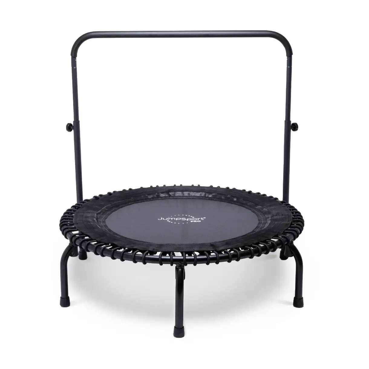 Black trampoline with a black handle on a white background