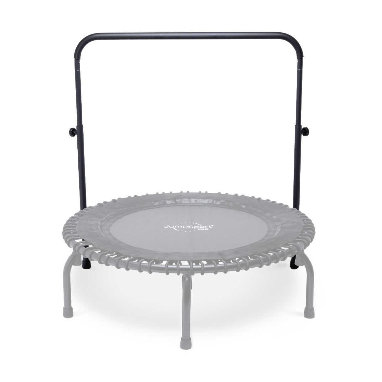 Gray trampoline with a black handle on a white background