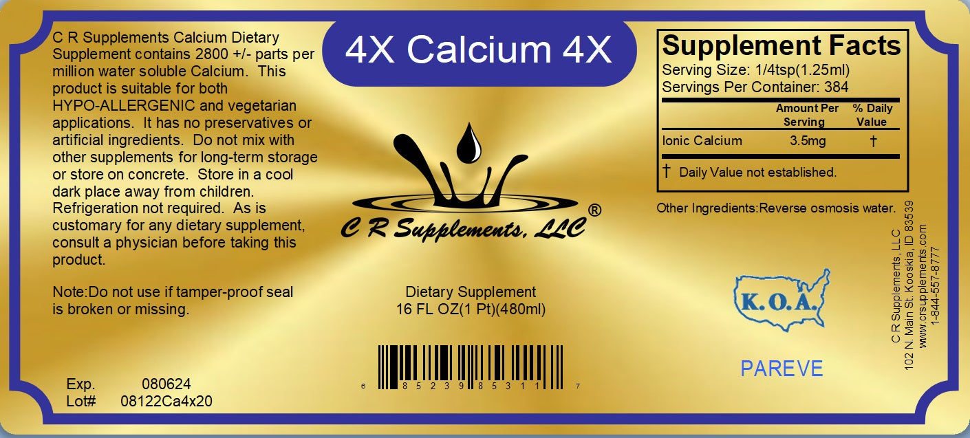 Calcium liquid ionic mineral supplement label with supplement facts for bone and heart support by CR Supplements.