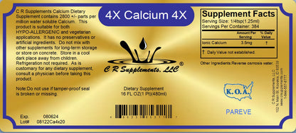 Calcium liquid ionic mineral supplement label with supplement facts for bone and heart support by CR Supplements.