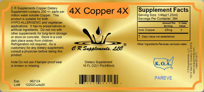Label for CR Supplements Copper 4X dietary supplement, featuring supplement facts and usage instructions.