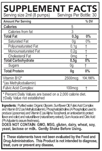 Supplement facts for Liposomal Methylcobalamin B12 showing ingredients and nutritional information.