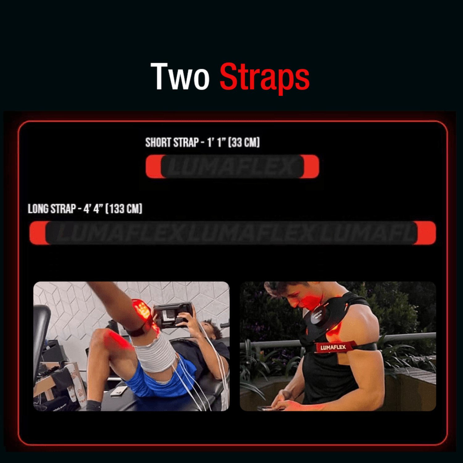 Two straps with measurements and examples of use on a black background