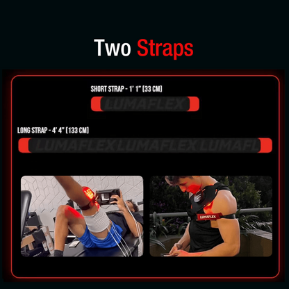 Two straps with measurements and examples of use on a black background
