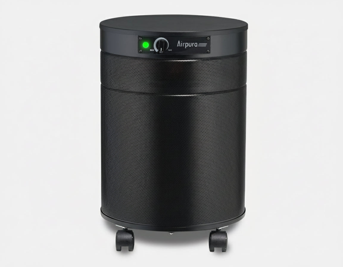 black air purifier shaped like a cylinder with black wheels, Airpura UV600 Air Purifier on white background