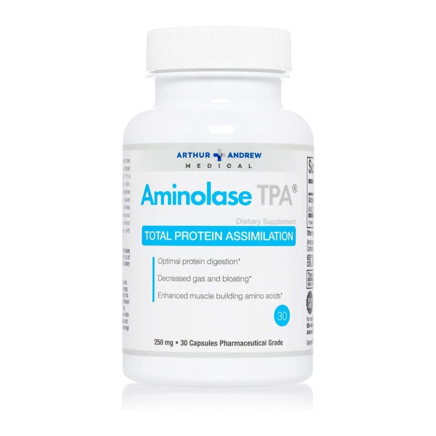 white bottle and cap with white label and blue/grey text, ARTHUR ANDREW MEDICAL, Aminolase TPA, Dietary Supplement, TOTAL PROTEIN ASSIMILATION, Optimal protein digestion, Decreased gas and bloating, Enhanced muscle building amino acids, 250 mg, 30 Capsules Pharmaceutical Grade