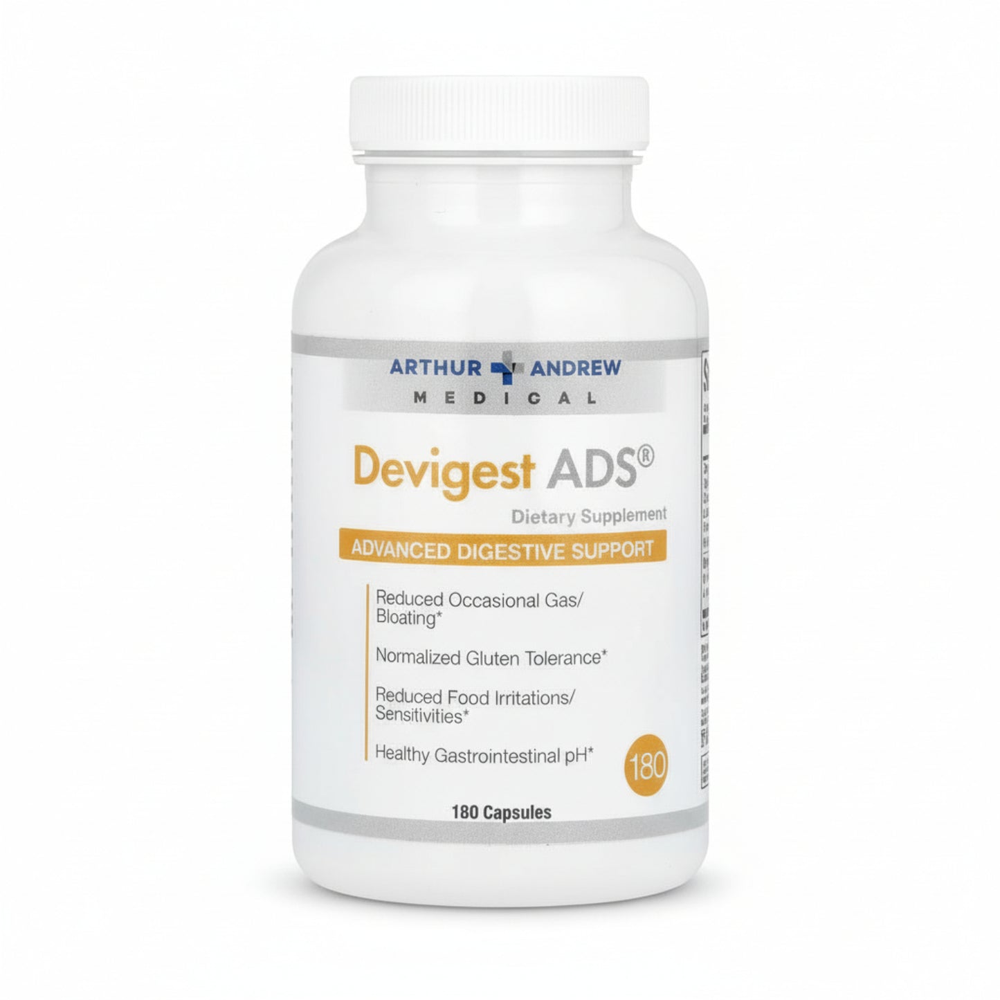 Supplement bottle labeled 'Devigest ADS' by Arthur Andrew Medical on a white background