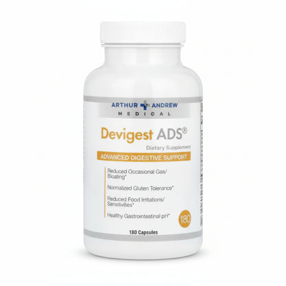 Supplement bottle labeled 'Devigest ADS' by Arthur Andrew Medical on a white background