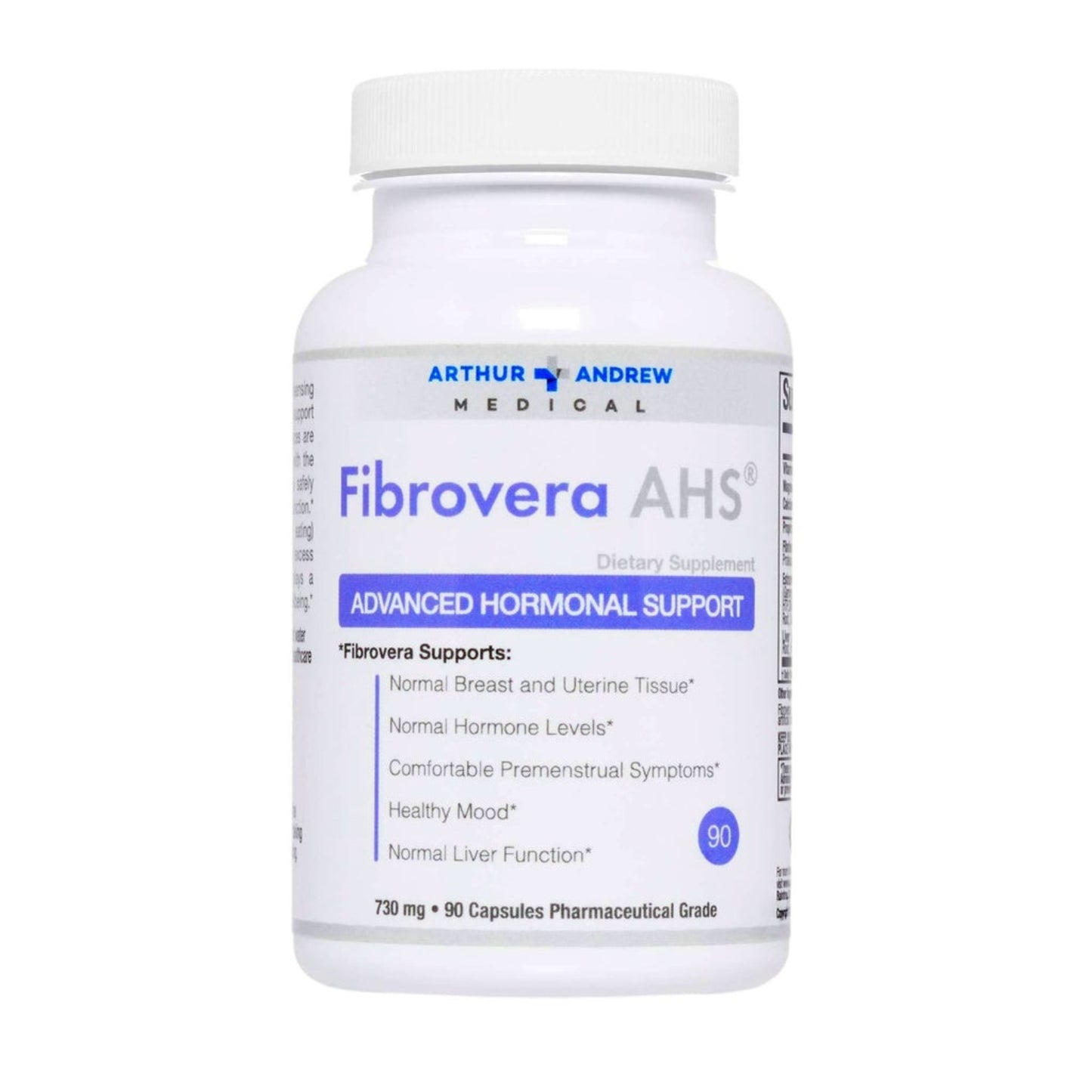 Supplement bottle labeled 'Fibrovera AHS' by Arthur Andrew Medical on a white background