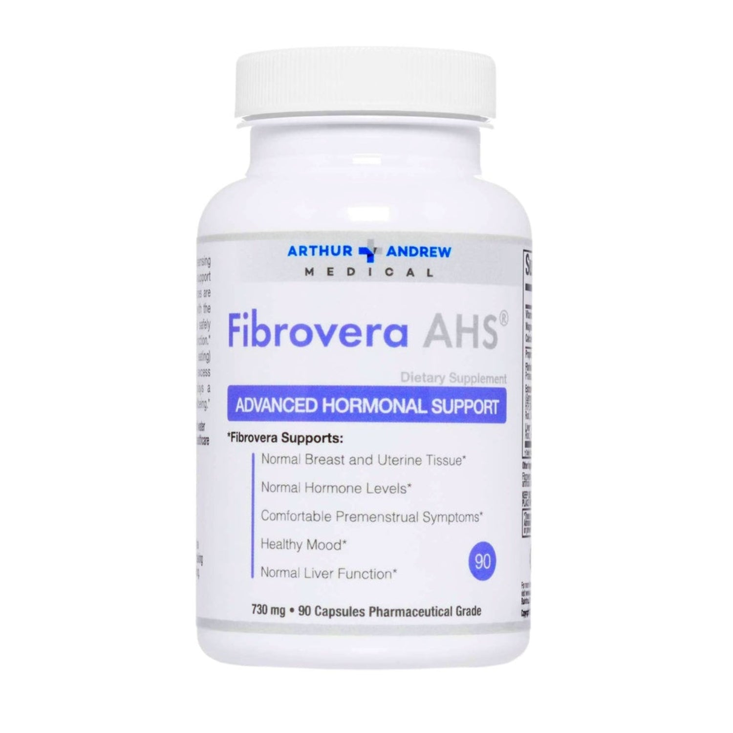 Supplement bottle labeled 'Fibrovera AHS' by Arthur Andrew Medical on a white background