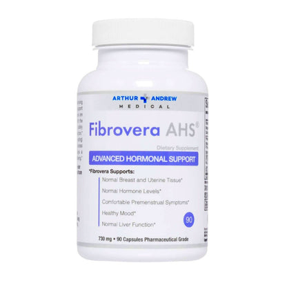 Supplement bottle labeled 'Fibrovera AHS' by Arthur Andrew Medical on a white background