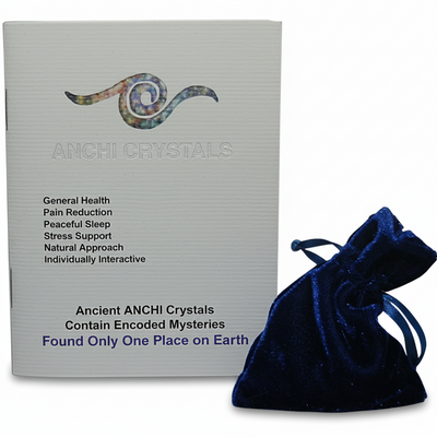 ANCHI CRYSTALS with swirly colored logo, booklet saying General Health, Pain Reduction, Peaceful Sleep, Stress Support, Natural Approach, Individually Interactive, Ancient ANCHI Crystals Contain Encoded Mysteries Found Only One Place On Earth, with blue velvet bag