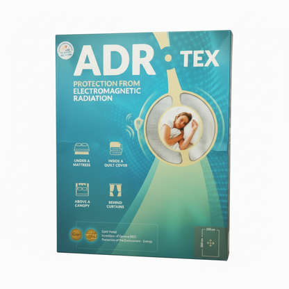 box of ADR Systems ADR Mats with text describing ADR Tex Protection from Electromagnetic Radiation, woman lying on pillow, text and image saying under a mattress, inside a quilt cover, above a canopy, behind curtains, on white background