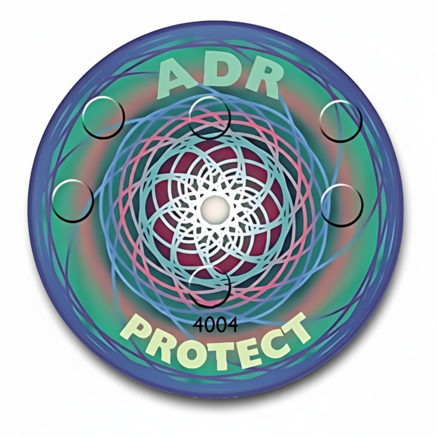 round sticker with colorful curcular design, ADR Systems ADR Protect on white background