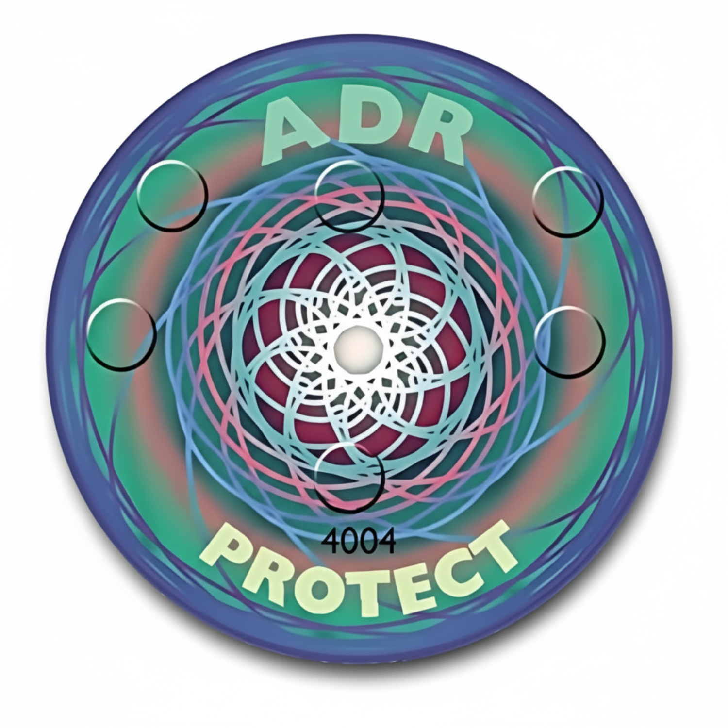 round sticker with colorful curcular design, ADR Systems ADR Protect on white background