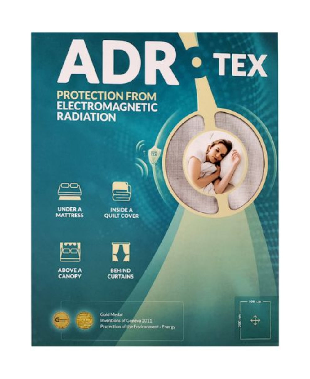 Advertisement for ADR-Tex electromagnetic radiation protection with a woman sleeping in a bed.