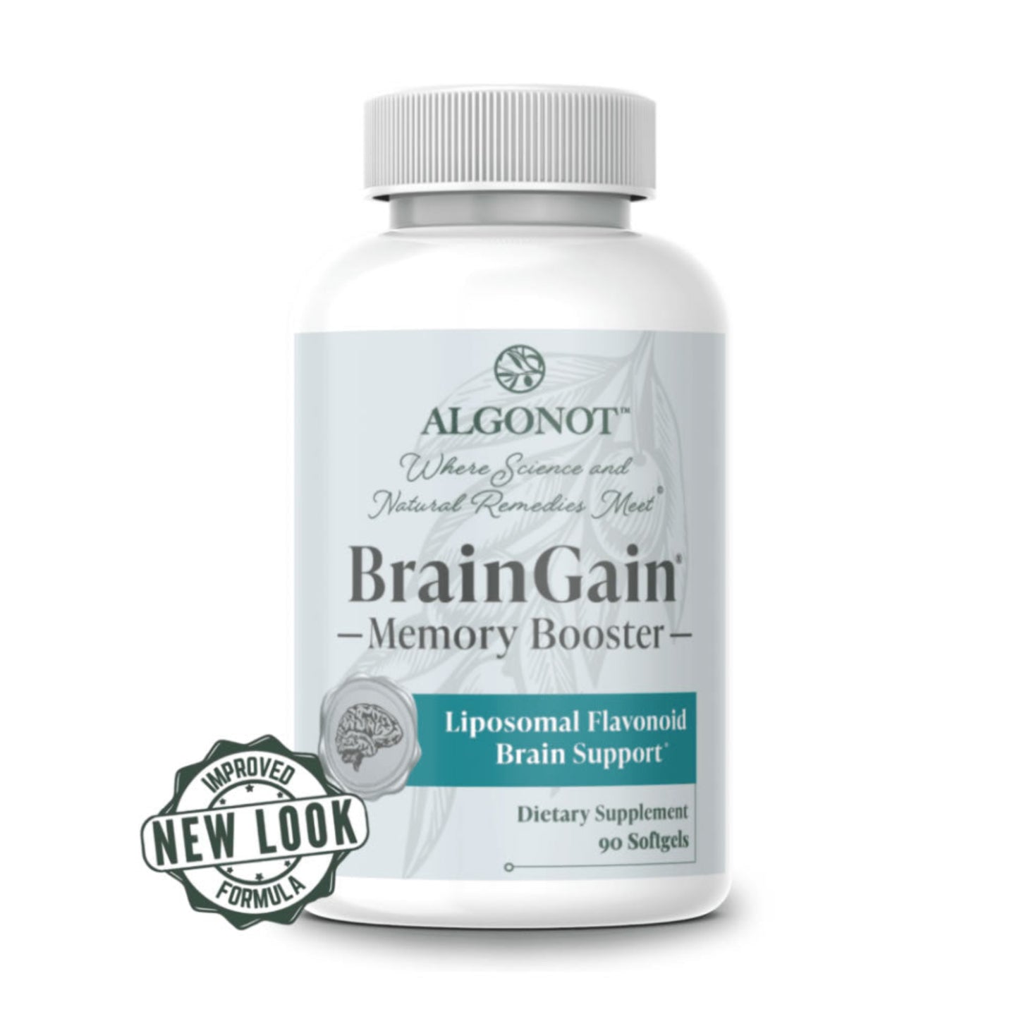 white container with light teal label, dark text, Algonot brand with logo, Where science and natural remedies meet, BrainGain memory booster, liposomal flavonoid brain support, dietary supplement, 90 softgels, improved formula, new look