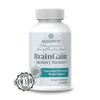 BrainGain Memory Booster bottle featuring Liposomal Flavonoid Brain Support by Algonot, 90 softgels, new look formula.
