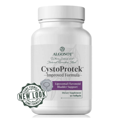 Supplement bottle labeled 'CystoProtek' by Algonot on a white background