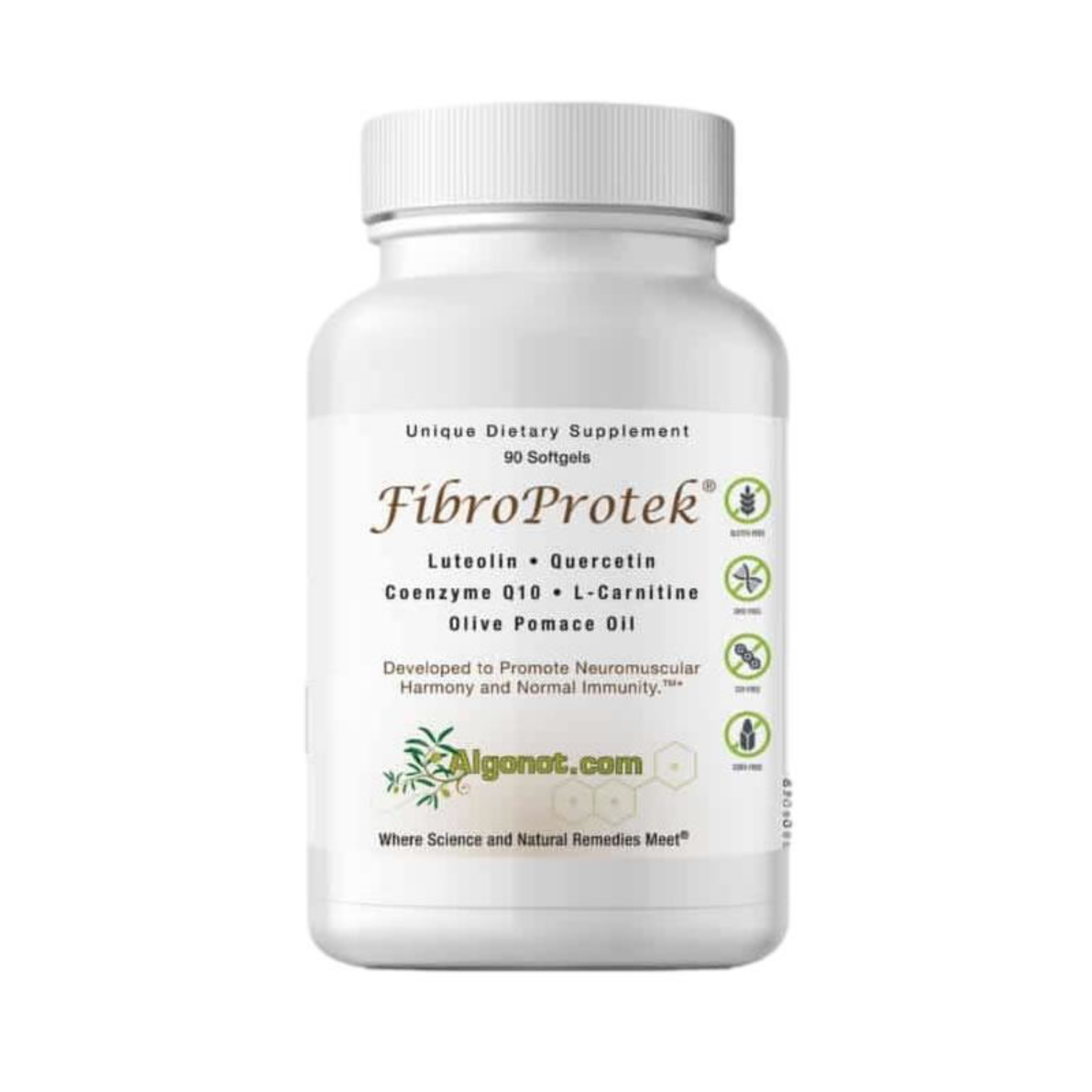 Supplement bottle labeled 'FibroProtek' on a white background
