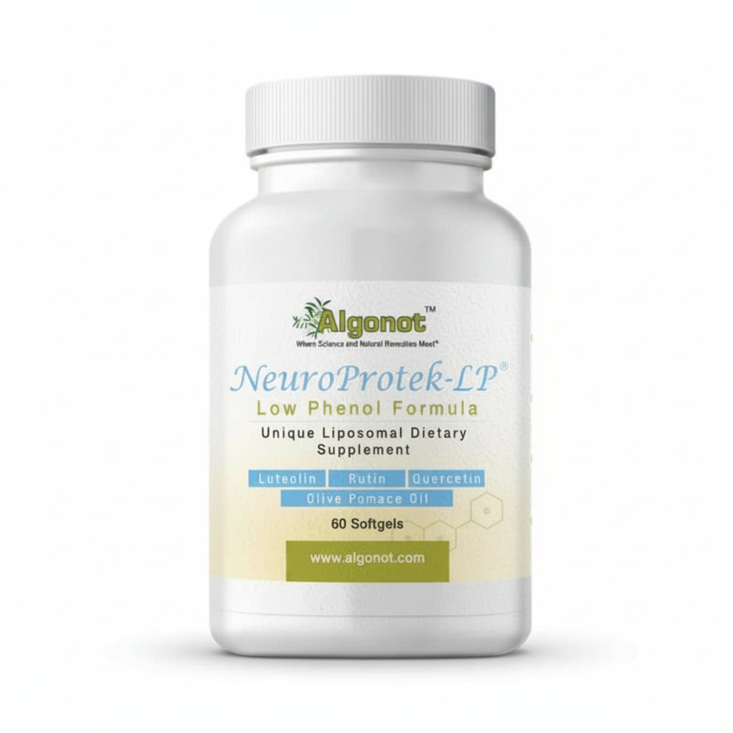 Supplement bottle labeled 'NeuroProtek-LP' by Alganot on a white background