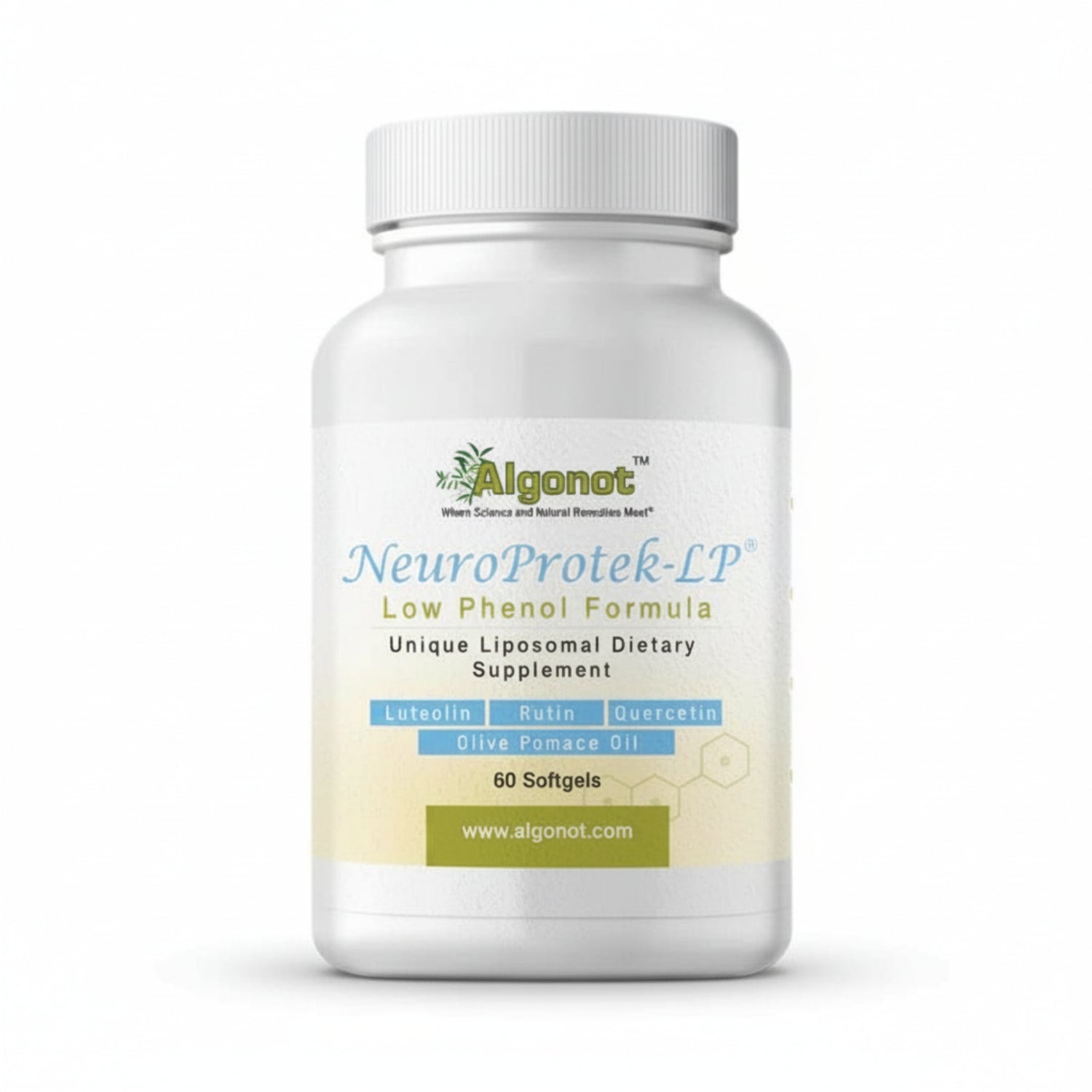 Supplement bottle labeled 'NeuroProtek-LP' by Alganot on a white background
