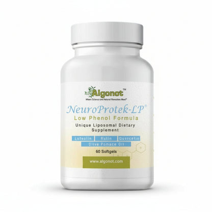 Supplement bottle labeled 'NeuroProtek-LP' by Alganot on a white background