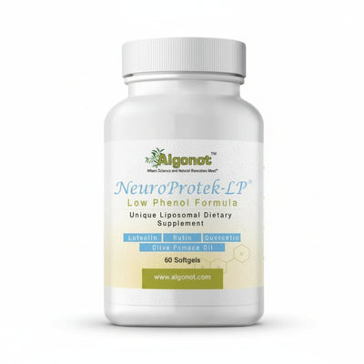 Supplement bottle labeled 'NeuroProtek-LP' by Alganot on a white background