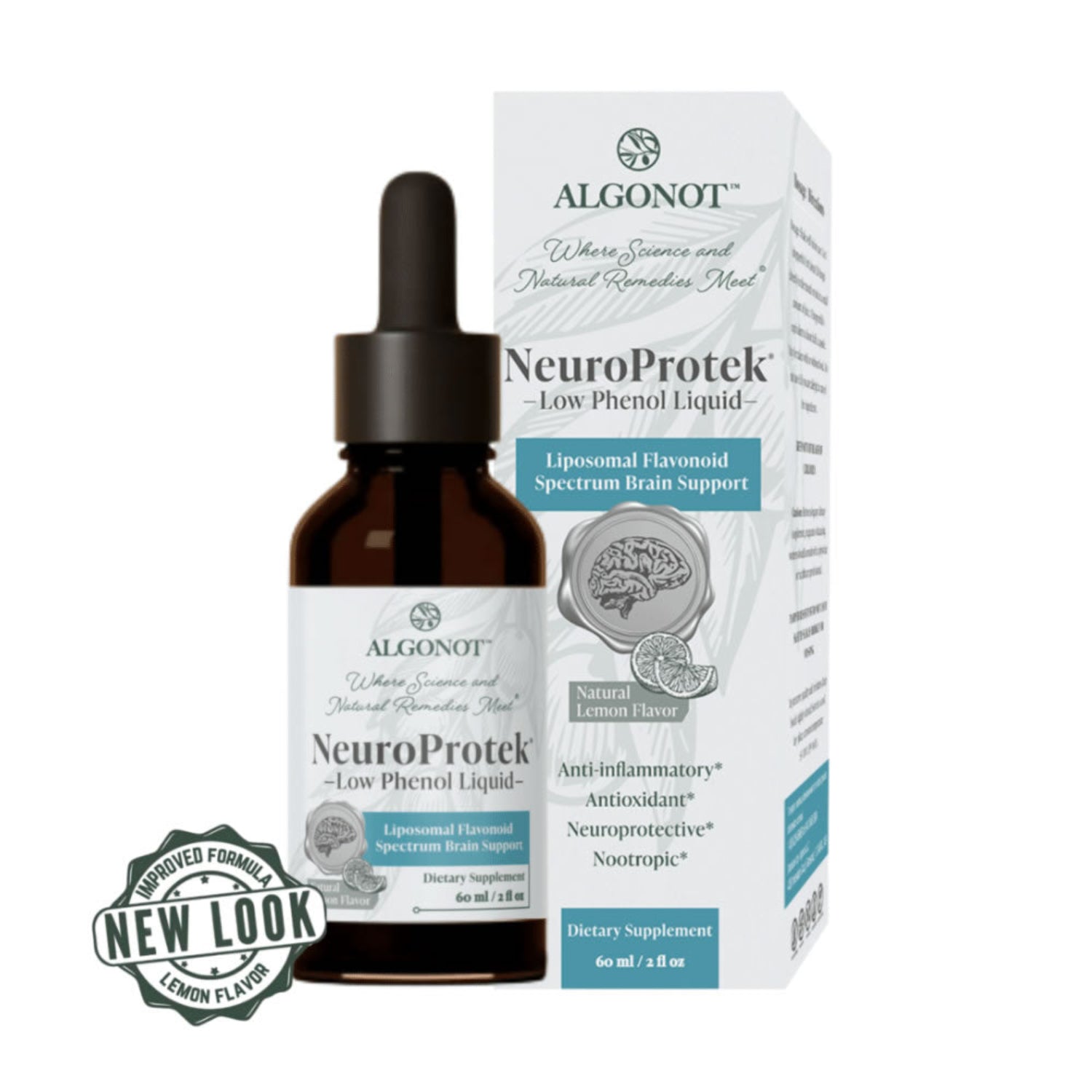 Algonot NeuroProtekt liquid supplement bottle and packaging on a white background