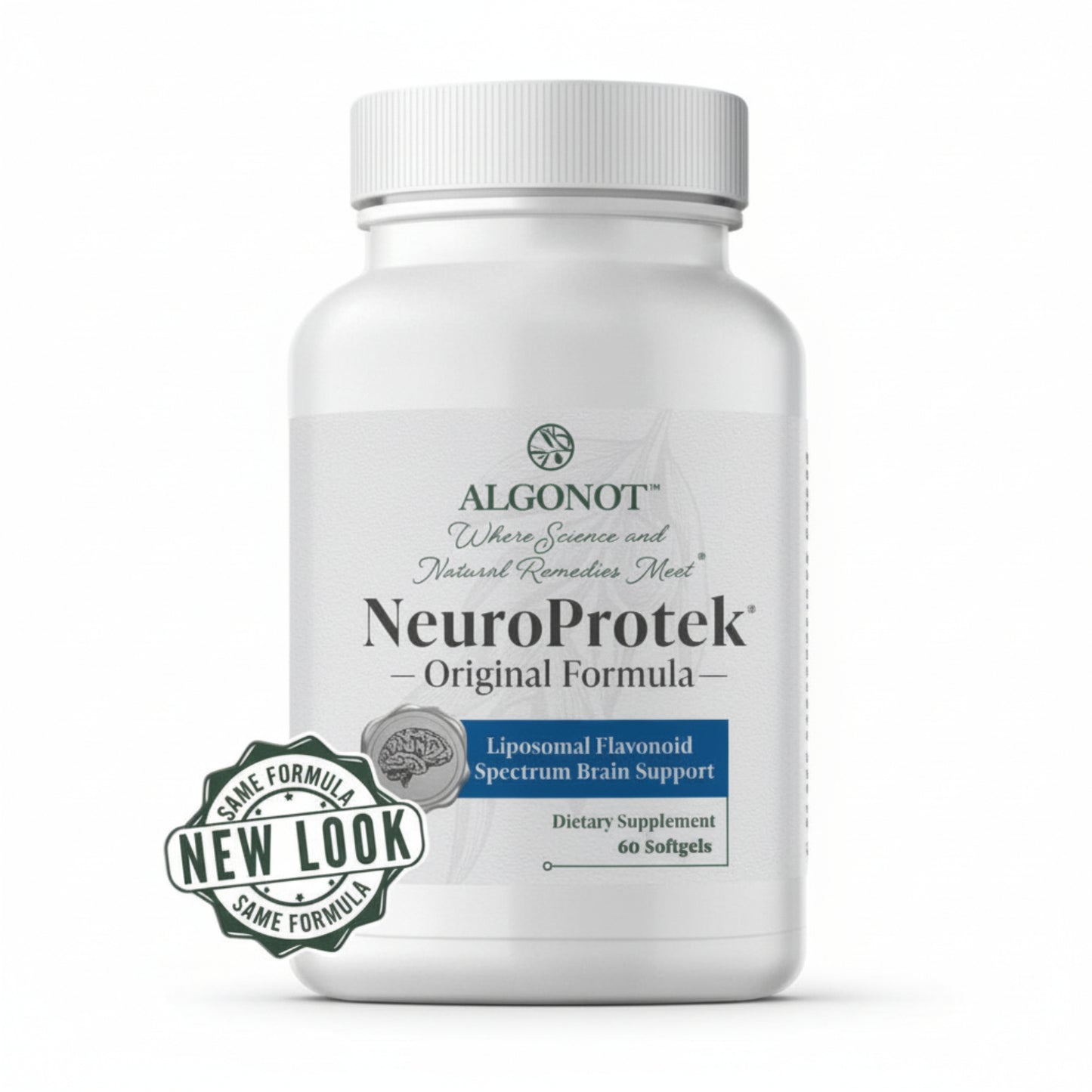 NeuroProtek dietary supplement bottle with Algonot branding on a white background