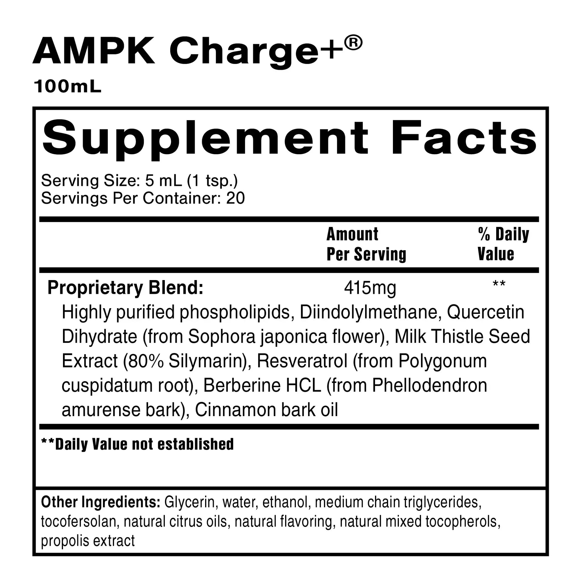 Supplement facts for AMPK Charge+ detailing ingredients for ketone production support.