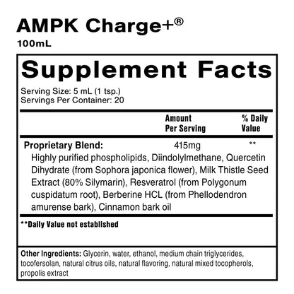 Supplement facts for AMPK Charge+ detailing ingredients for ketone production support.