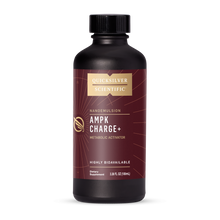 Black bottle of Quicksilver Scientific AMPK Charge+ supplement on a white background