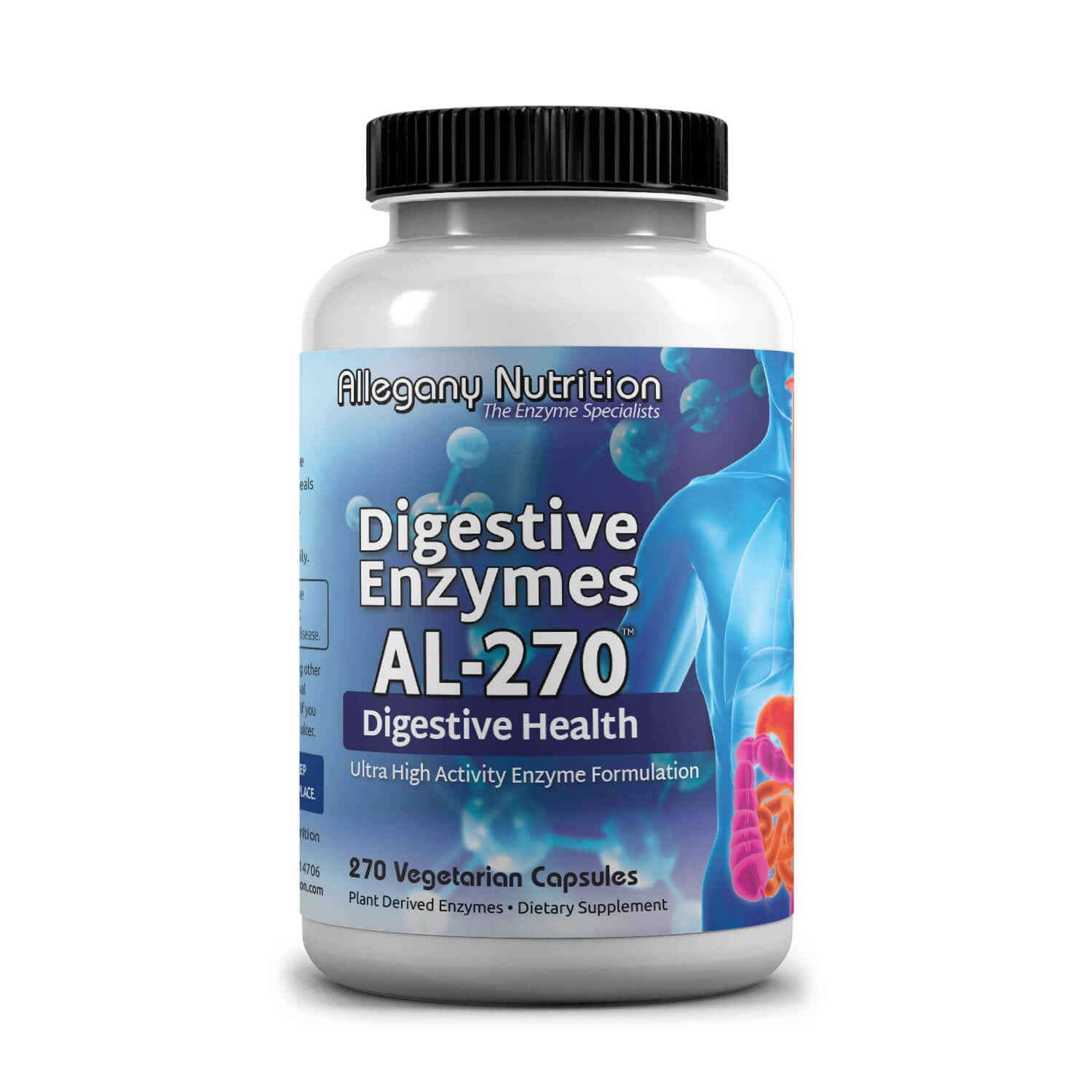 Bottle of Allegany Nutrition Digestive Enzymes AL-270 on a white background