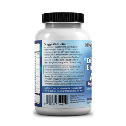 Bottle of Allegany Nutrition Digestive Enzymes AL Suggested Use on a white background