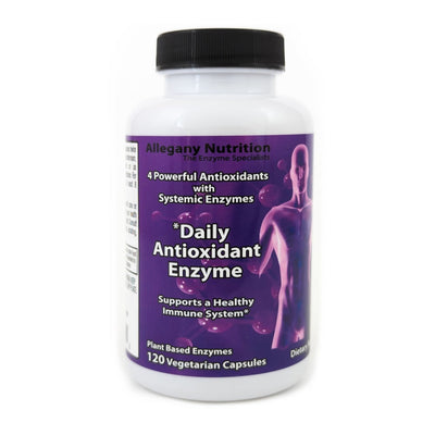Supplement bottle labeled 'Daily Antioxidant Enzyme' by Allegany Nutrition on a white background