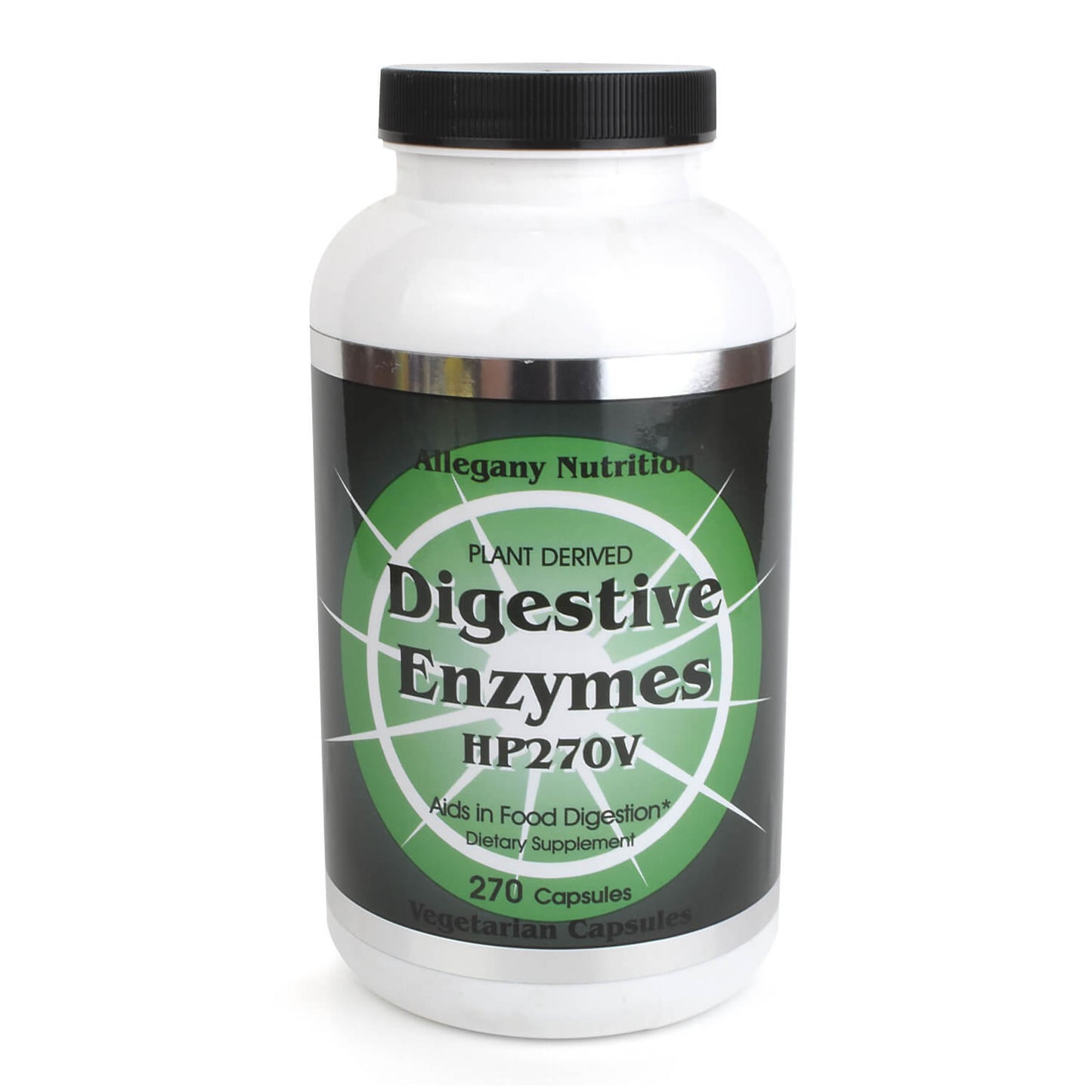Supplement bottle labeled 'Digestive Enzymes HP270V' on a white background