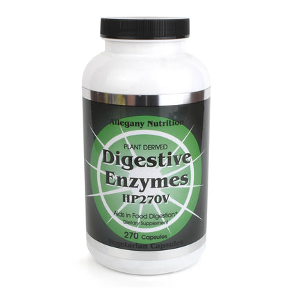 Supplement bottle labeled 'Digestive Enzymes HP270V' on a white background
