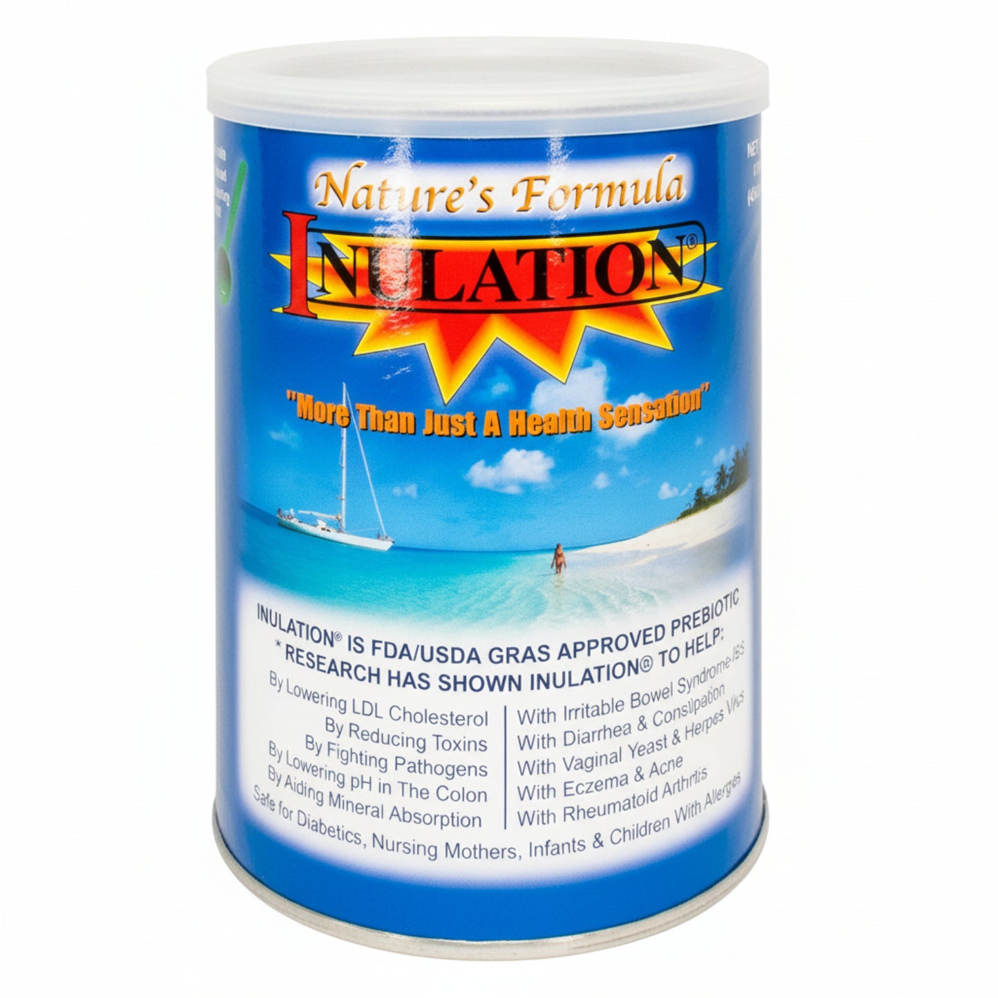 Nature's Formula Inulation supplement container with beach scene on label
