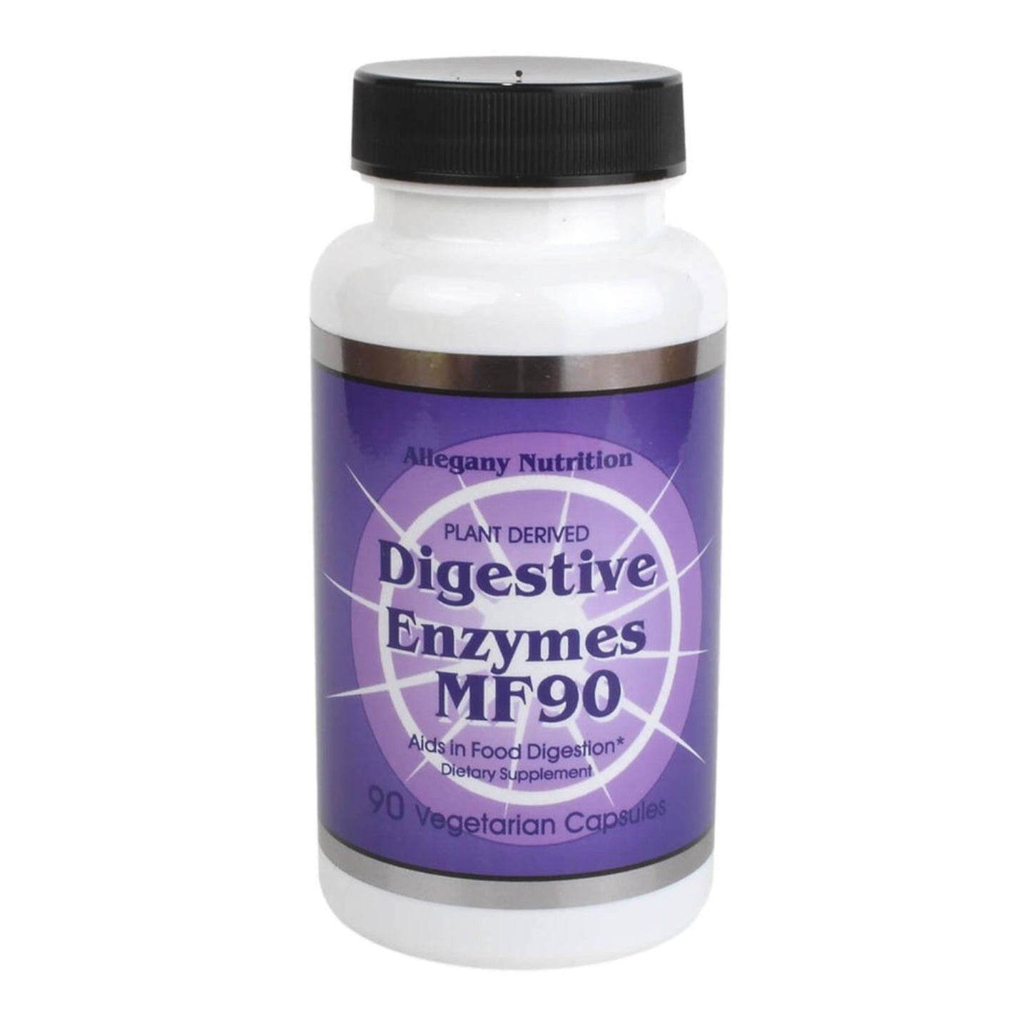 Supplement bottle labeled 'Digestive Enzymes MF90' on a white background