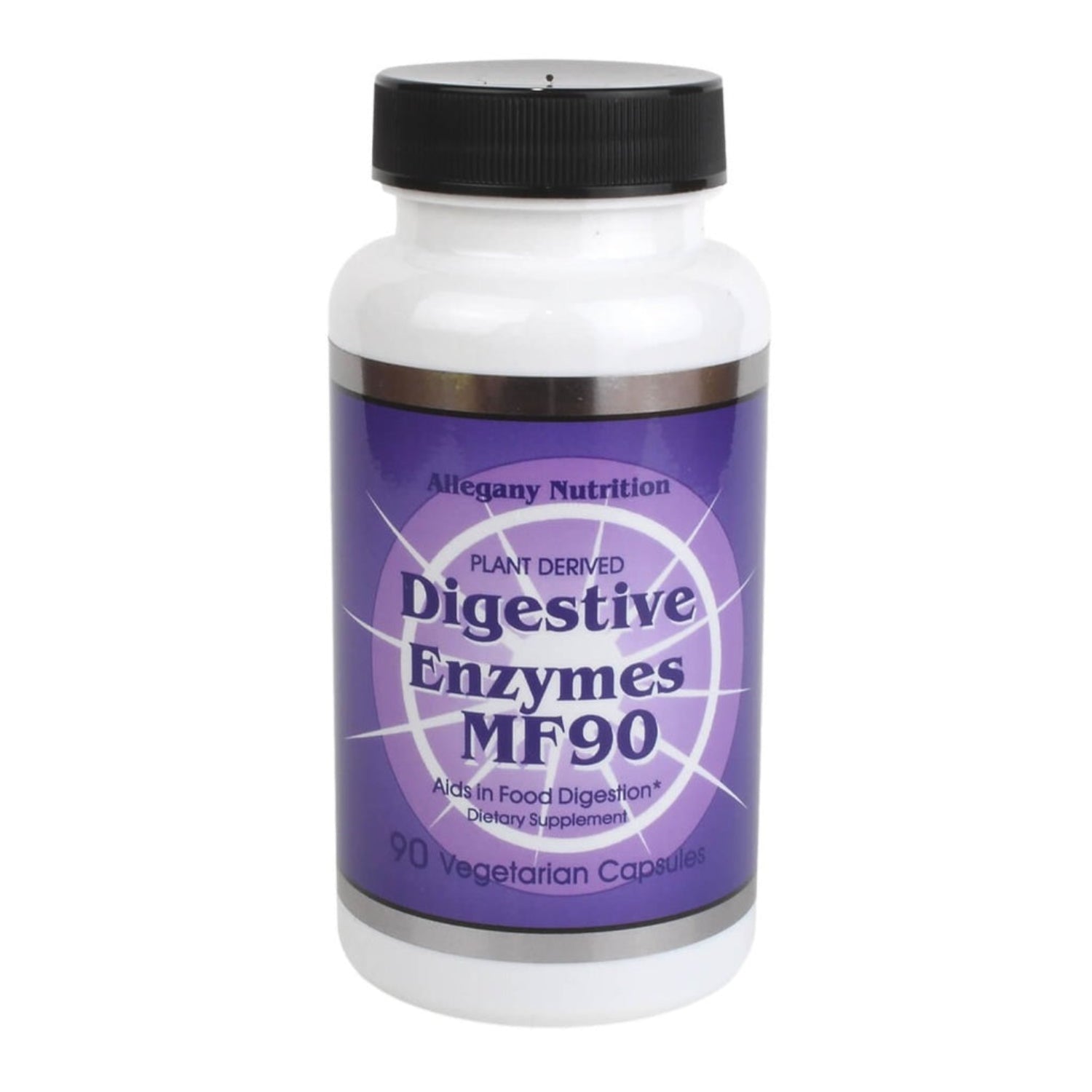 Supplement bottle labeled 'Digestive Enzymes MF90' on a white background