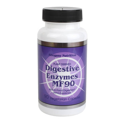 Supplement bottle labeled 'Digestive Enzymes MF90' on a white background